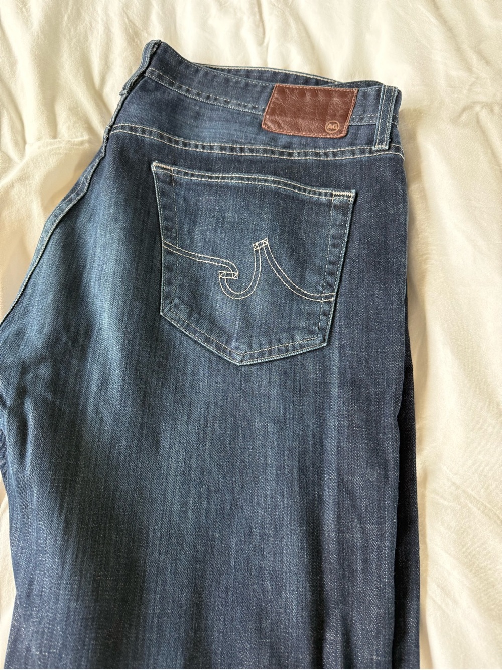 Ag Adriano Goldschmied Men’s  Straight Leg Dark Wash Jeans with Leather Patch